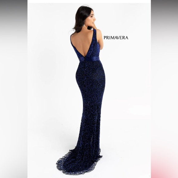 PRIMAVERA COUTURE Backless gown black with royal blue beads sz 4 evening gown - Picture 5 of 16